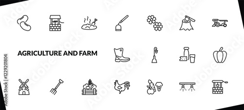 outline agriculture and farm icons set. editable linear water well, manure, hoe, and other 15 icons in this category isolated on transparent background.