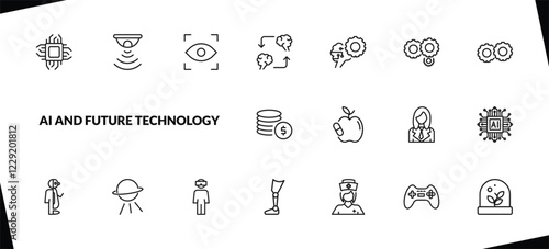 outline ai and future technology icons set. editable linear motion sensor, eye tracking, mind transfer, and other 15 icons in this category isolated on transparent background.