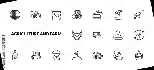 outline agriculture and farm icons set. editable linear barn, seed bag, hay roll, and other 15 icons in this category isolated on transparent background.