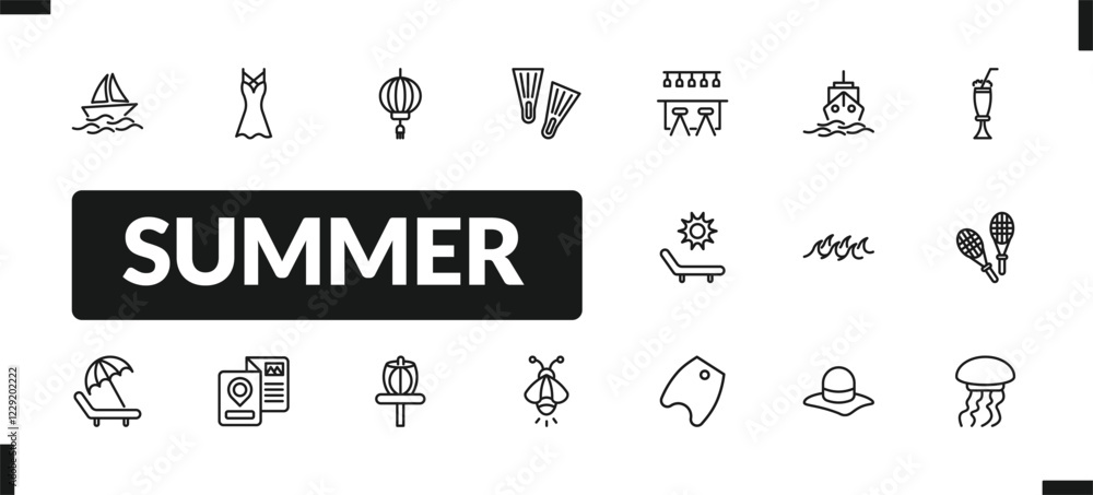 outline summer icons set. editable linear dress, lantern, fins, and other 14 icons in this category isolated on transparent background.