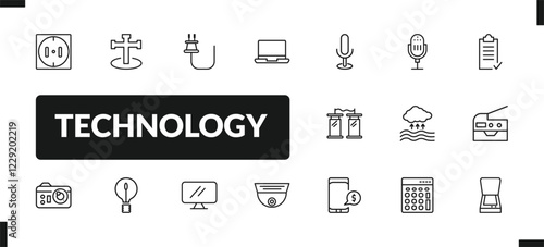 outline technology icons set. editable linear cross stuck in ground, basic plug, laptop frontal monitor, and other 14 icons in this category isolated on transparent background.