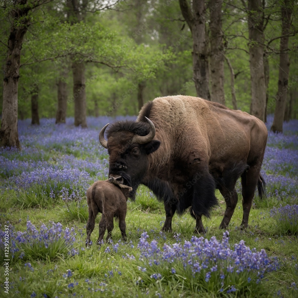 A buffalo and her calf grazing on a grassy plain surrounded by bluebells. A buffalo and her calf grazing on a grassy plain surrounded by bluebells.
