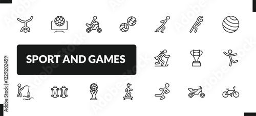outline sport and games icons set. editable linear football channel, motorbike riding, balls, and other 14 icons in this category isolated on transparent background.