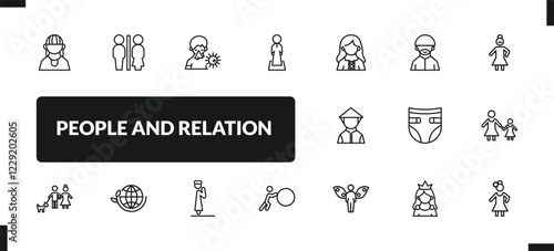 outline people and relation icons set. editable linear restroom, sickness, salat, and other 14 icons in this category isolated on transparent background.