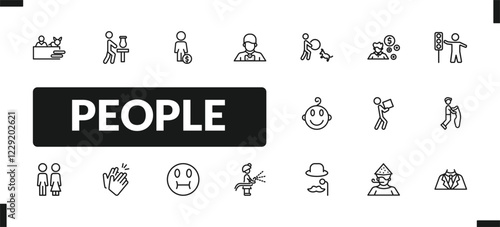 outline people icons set. editable linear sculptor working, man with money, photographer working, and other 14 icons in this category isolated on transparent background.