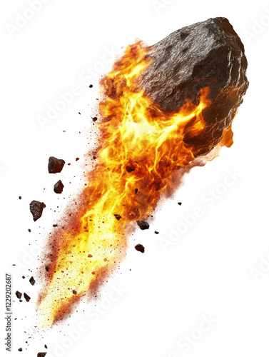 Isolated Fiery Meteor Rock with Explosive Debris and Burning Atmosphere