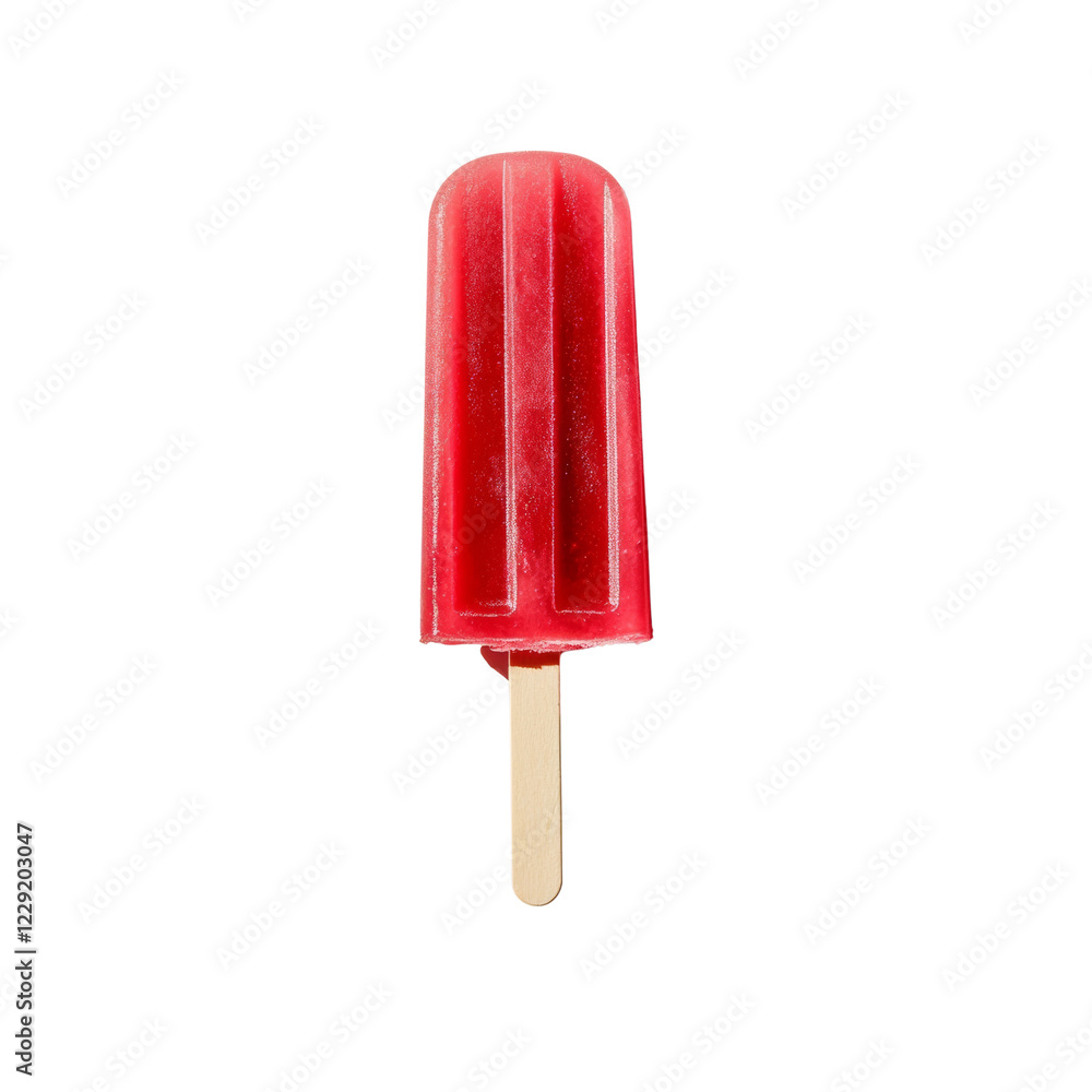 A single red popsicle on a wooden stick is shown against a black background in a studio shot. A single red popsicle on a wooden stick is shown against a black background in a studio shot.