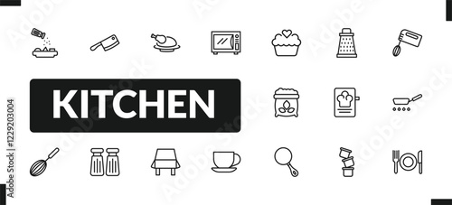 outline kitchen icons set. editable linear cleaver, broiler, microwave oven, and other 14 icons in this category isolated on transparent background.