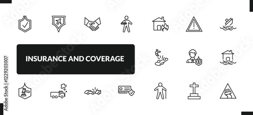 outline insurance and coverage icons set. editable linear air travel insurance, shake hands, broken arm, and other 14 icons in this category isolated on transparent background.