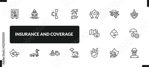 outline insurance and coverage icons set. editable linear flooded house, fracture, house insurance, and other 14 icons in this category isolated on transparent background.