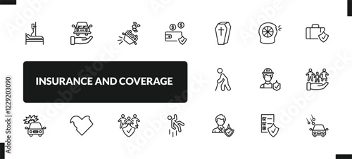outline insurance and coverage icons set. editable linear transport insurance, overturned car, deposit insurance, and other 14 icons in this category isolated on transparent background.
