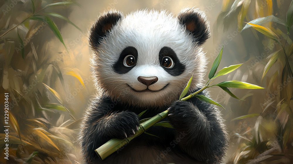 Obraz premium Cute Cartoon Panda Happily Munching on Bamboo in a Lush Forest Setting During a Sunny Day