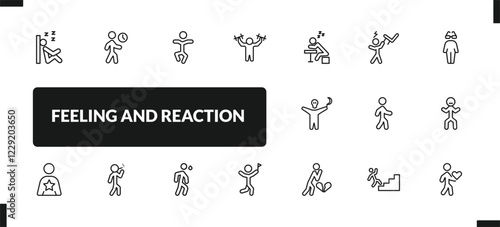 outline feeling and reaction icons set. editable linear impatient human, stupid human, strong human, and other 14 icons in this category isolated on transparent background.