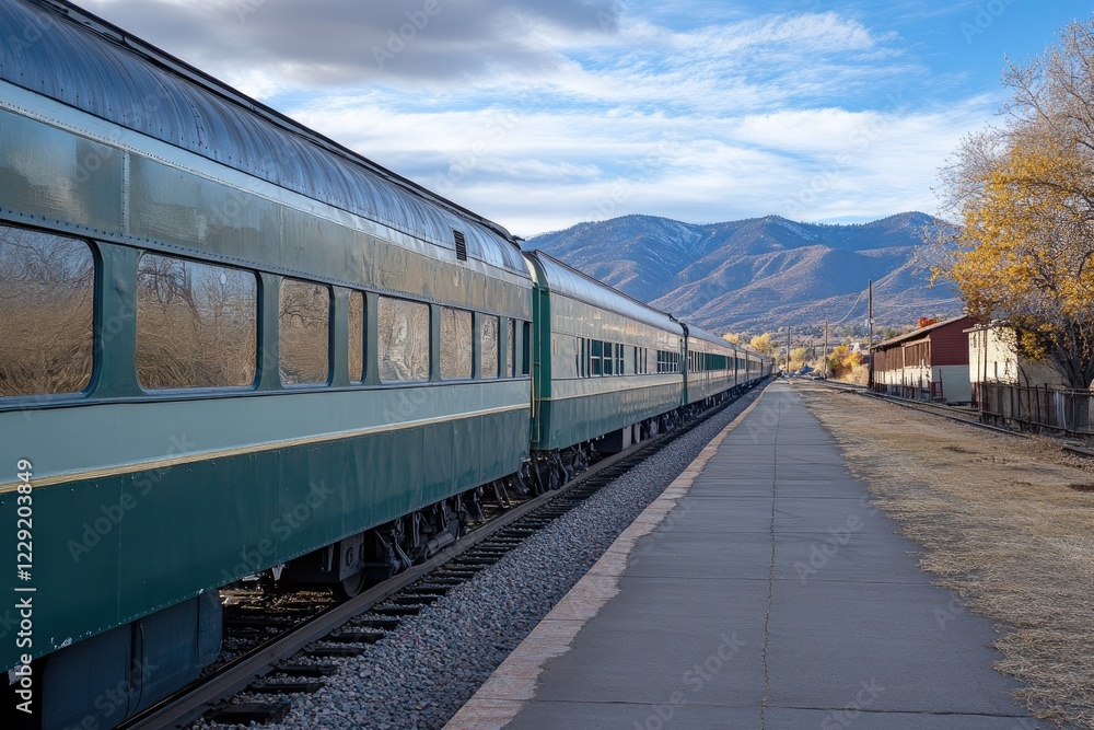Green Passenger Train Idles Near Mountains Green Passenger Train Idles Near Mountains