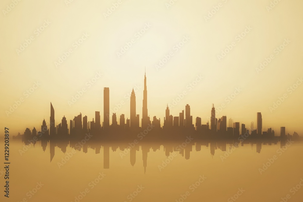 Fototapeta premium Silhouetted City Skyline Against a Golden Horizon during Sunrise with Reflections on Calm Water, Evoking a Sense of Tranquility and Urban Beauty