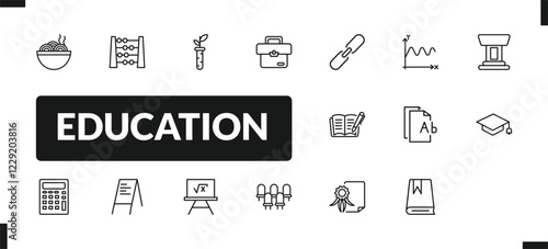 outline education icons set. editable linear abcus, plant sample, case, and other 14 icons in this category isolated on transparent background.