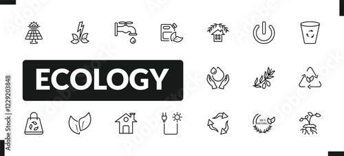 outline ecology icons set. editable linear green energy source, water tap, bio fuel, and other 14 icons in this category isolated on transparent background.