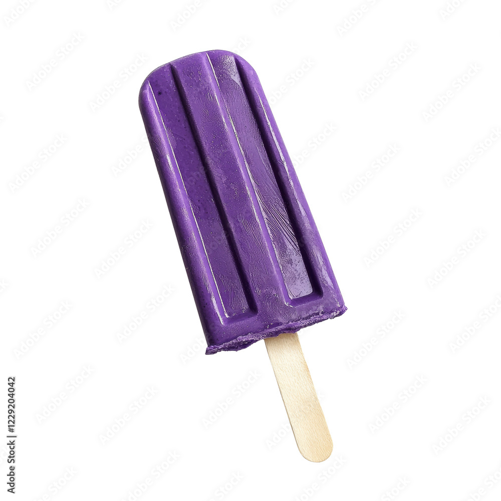 A partially melted purple popsicle on a wooden stick is shown against a black background. A partially melted purple popsicle on a wooden stick is shown against a black background.