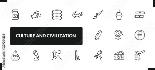 outline culture and civilization icons set. editable linear marine fish, pork ribs, australian alligator, and other 14 icons in this category isolated on transparent background.
