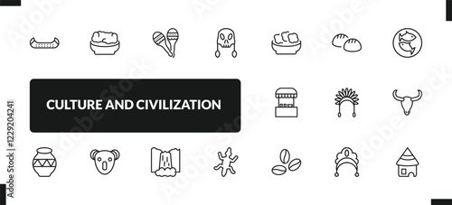 outline culture and civilization icons set. editable linear corn with pine, maracas couple, native american skull, and other 14 icons in this category isolated on transparent background.