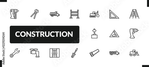 outline construction icons set. editable linear clippers, , road barrier, and other 14 icons in this category isolated on transparent background.