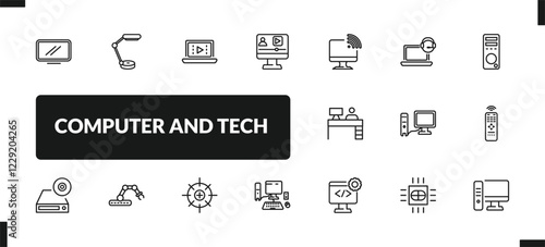 outline computer and tech icons set. editable linear study lamp, computer video, video lecture, and other 14 icons in this category isolated on transparent background.