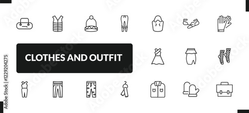 outline clothes and outfit icons set. editable linear padded vest, knit hat with pom pom, leggins, and other 14 icons in this category isolated on transparent background.