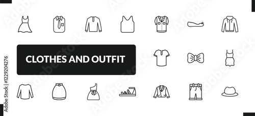 outline clothes and outfit icons set. editable linear collarless cotton shirt, nylon jacket, jersey blazer, and other 14 icons in this category isolated on transparent background.