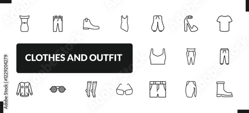 outline clothes and outfit icons set. editable linear chi pants, leather chelsea boots, cocktail dress, and other 14 icons in this category isolated on transparent background.
