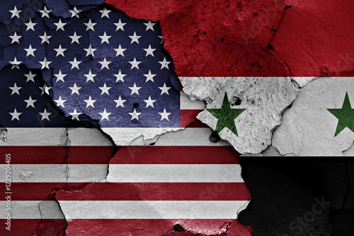 Canvas Print Flags of USA and Syria painted on cracked wall