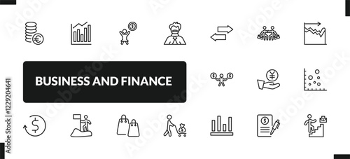 outline business and finance icons set. editable linear measure success, woman holding big coin, man with moustach, and other 14 icons in this category isolated on transparent background.