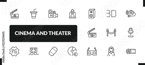 outline cinema and theater icons set. editable linear papper cup with straw, hd video, cinema ticket window, and other 14 icons in this category isolated on transparent background.