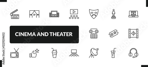 outline cinema and theater icons set. editable linear cinema curtains, home theater, film viewer, and other 14 icons in this category isolated on transparent background.