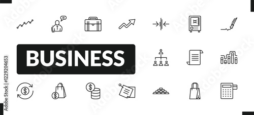 outline business icons set. editable linear man talking, business briefcase, graphic arrow, and other 14 icons in this category isolated on transparent background.