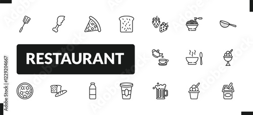 outline restaurant icons set. editable linear chicken thigh, pepperoni pizza slice, toasted bread, and other 14 icons in this category isolated on transparent background.