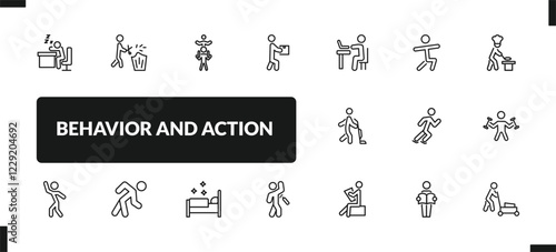 outline behavior and action icons set. editable linear prune hedge, piggyback a kid, stick man with box, and other 14 icons in this category isolated on transparent background.