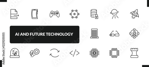 outline ai and future technology icons set. editable linear mobile flexible display, gaming, ar camera, and other 14 icons in this category isolated on transparent background.
