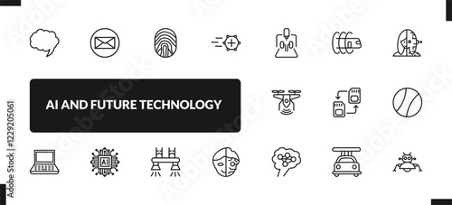 outline ai and future technology icons set. editable linear mail, biometrics, match moving, and other 14 icons in this category isolated on transparent background.