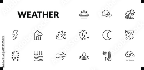 outline weather icons set. editable linear gust, calm, bolt, and other 12 icons in this category isolated on transparent background.