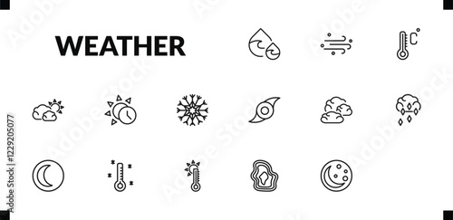 outline weather icons set. editable linear dew, sand storms, degree, and other 12 icons in this category isolated on transparent background.