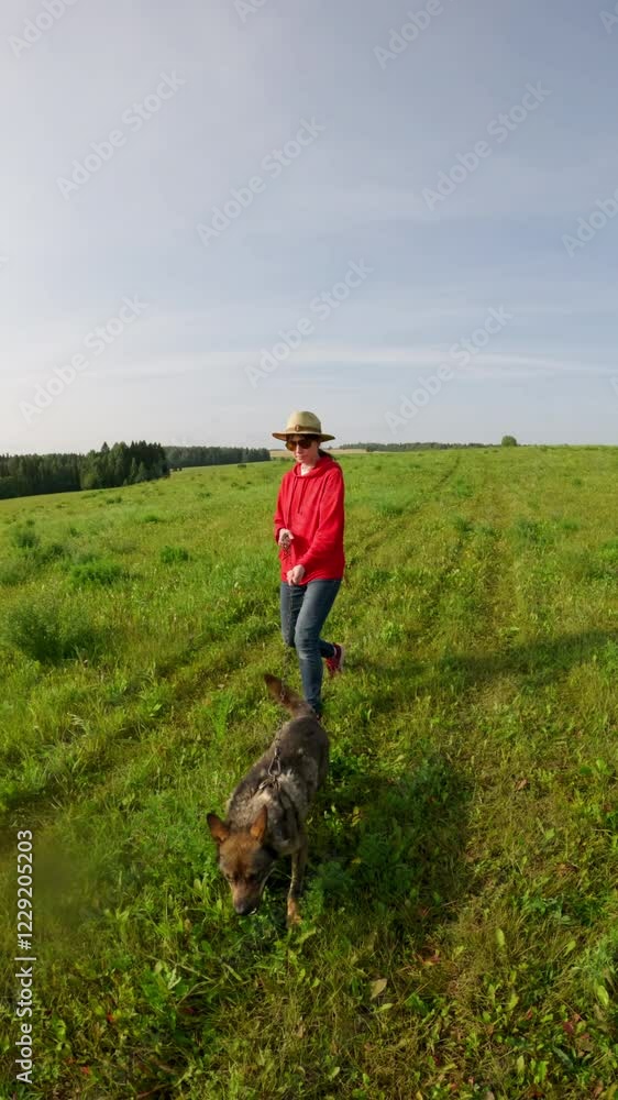 Woman running with large dog on leash through sunny open field, highlighting fitness, energetic movement, and natural outdoor setting. Woman running with large dog on leash through sunny open field, highlighting fitness, energetic movement, and natural outdoor setting.