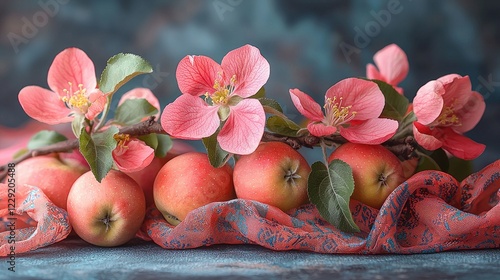 Nowruz spring celebration with blooming apple tree and colorful ribbons. photo