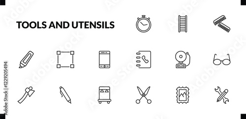 outline tools and utensils icons set. editable linear hanging ladder, combs, highlight, and other 12 icons in this category isolated on transparent background.