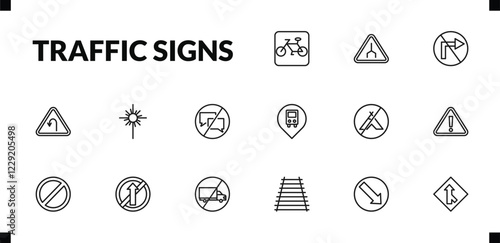 outline traffic signs icons set. editable linear end of way, no turn, left hair pin, and other 12 icons in this category isolated on transparent background.