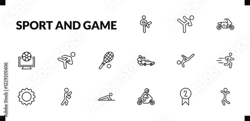 outline sport and game icons set. editable linear taekwondo, race bike, football channel, and other 12 icons in this category isolated on transparent background.