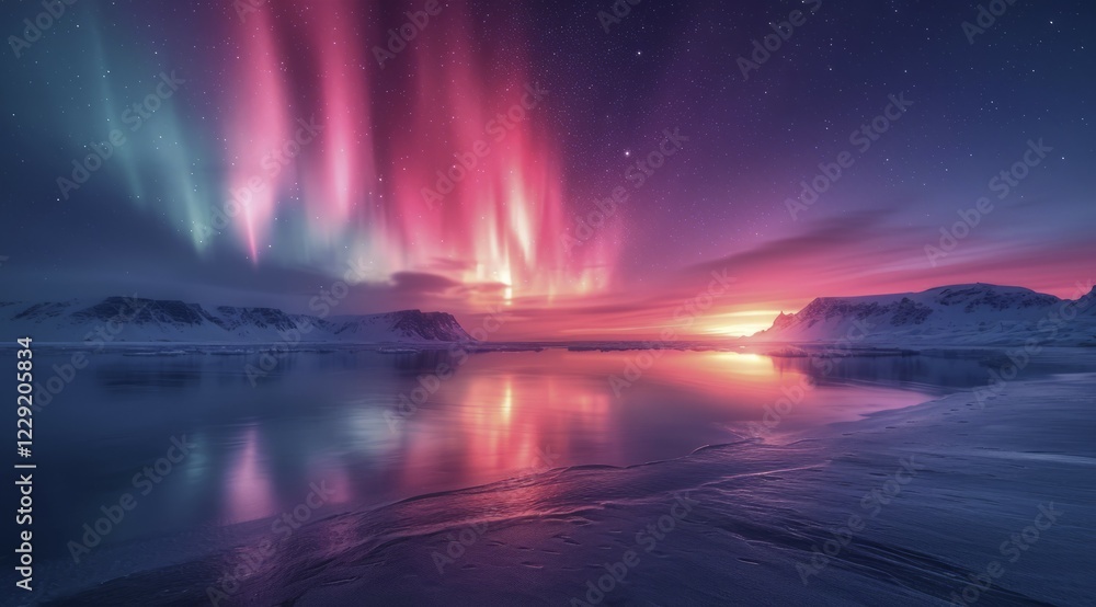 A tranquil arctic sunset with reflections on the ice, intensified by a striking aurora borealis display, AI generated A tranquil arctic sunset with reflections on the ice, intensified by a striking aurora borealis display, AI generated