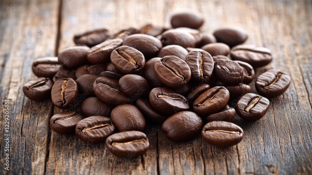 Naklejka premium dark roasted coffee beans scattered across a wooden table, their natural oils shining under soft, warm light that creates a comforting ambiance