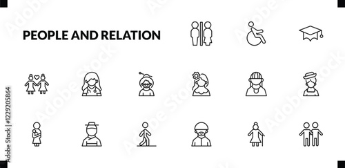 outline people and relation icons set. editable linear handicapped, students graduation hat, lesbian couple, and other 12 icons in this category isolated on transparent background.