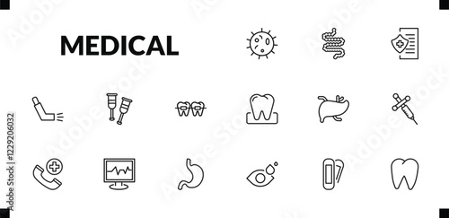 outline medical icons set. editable linear intestines, medical insurance, inhalator, and other 12 icons in this category isolated on transparent background.