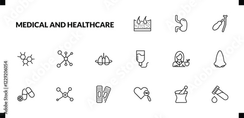 outline medical and healthcare icons set. editable linear esophagus, gallbladder, three hexagons cell, and other 12 icons in this category isolated on transparent background.